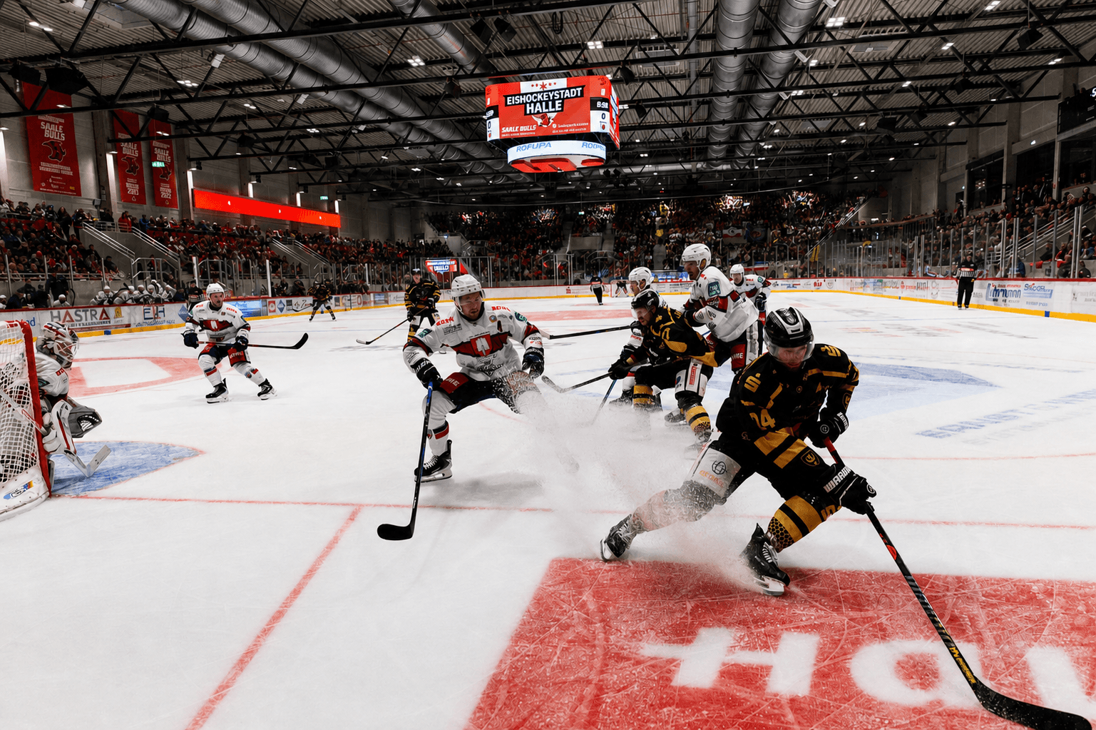 Live-Spiel der Saale Bulls mit leuchtendem Videowürfel und digitalem Hallenband