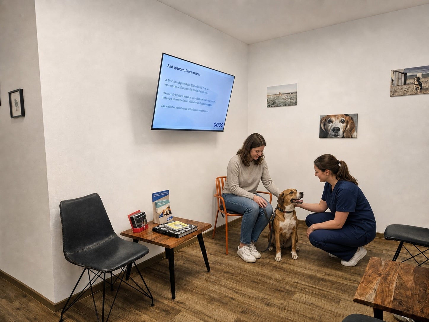 Szenisch ergänzte Aufnahme des COCO-Wartezimmers mit einer Tierhalterin, einer Mitarbeiterin, einem Hund und PraxisTV auf dem Bildschirm