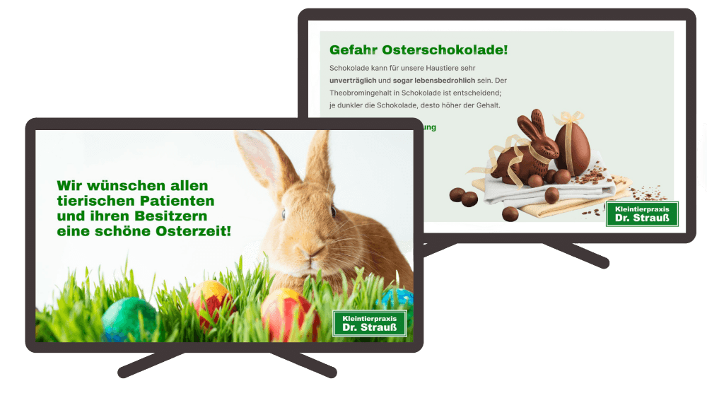Beispiele automatisch formatierter saisonaler PraxisTV-Inhalte in individuellen Praxisfarben