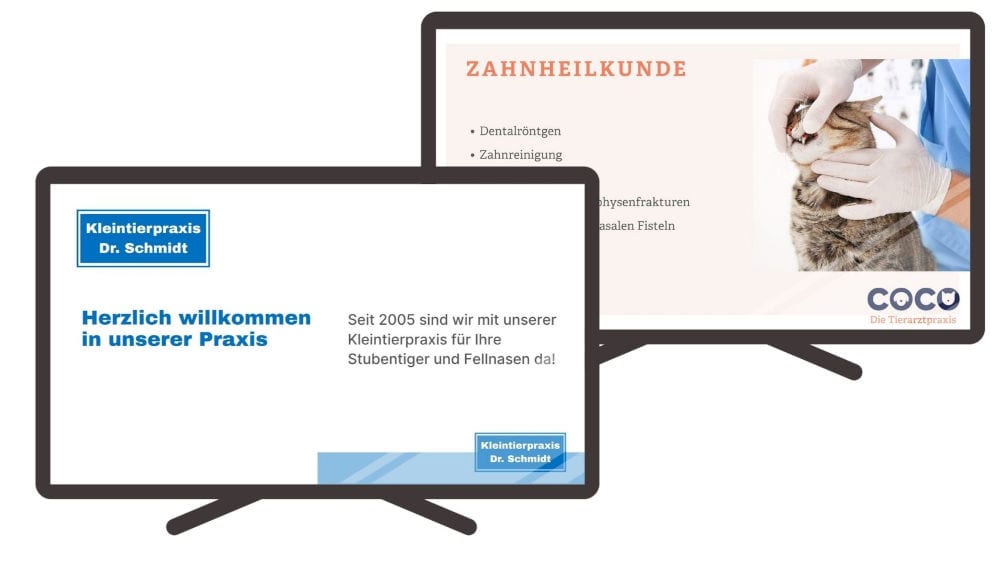 Beispiele unterschiedlicher PraxisTV-Layouts für Begrüßung und Leistungsinformation