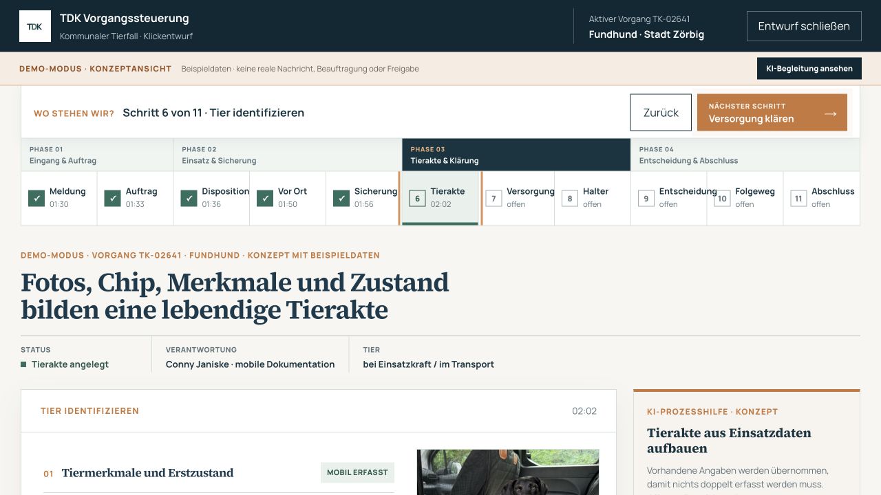 Konzeptansicht einer digitalen Tierakte von Tierdienst Kommunal mit Beispieldaten